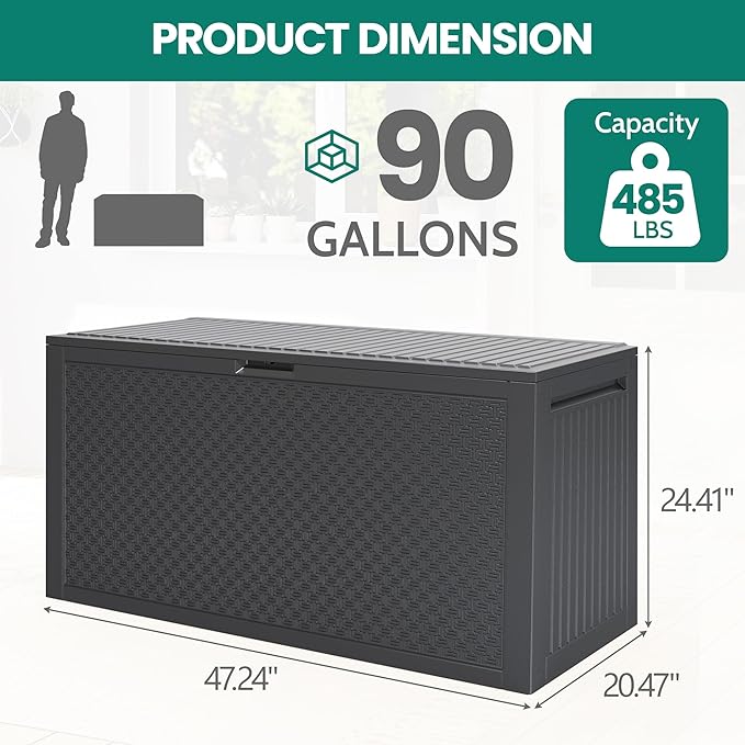 90 Gallon Outdoor Deck Box, Waterproof Outdoor Deck Box, Durable Resin Bin for Patio Cushions, Garden Tools and Pool Accessories, Lockable with UV Protection, Dark Gray, Patio Furniture