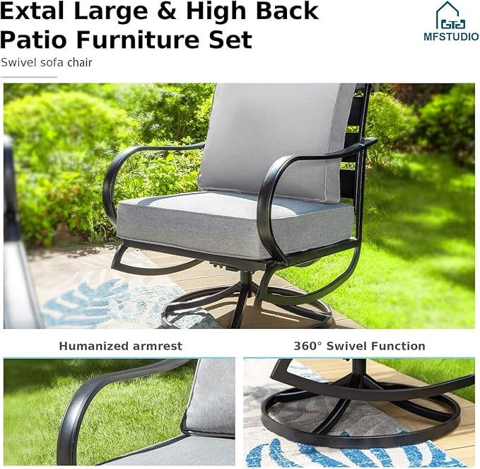 MFSTUDIO 4 Pieces Patio Conversation Sets, All Weather Metal Frame Outdoor Furniture Set Patio Sofas with 1 x 45 Rectangular Propane Fire Table, 1 x 3-Seat Sofa, 2 x Swivel Chairs, Grey Cushion