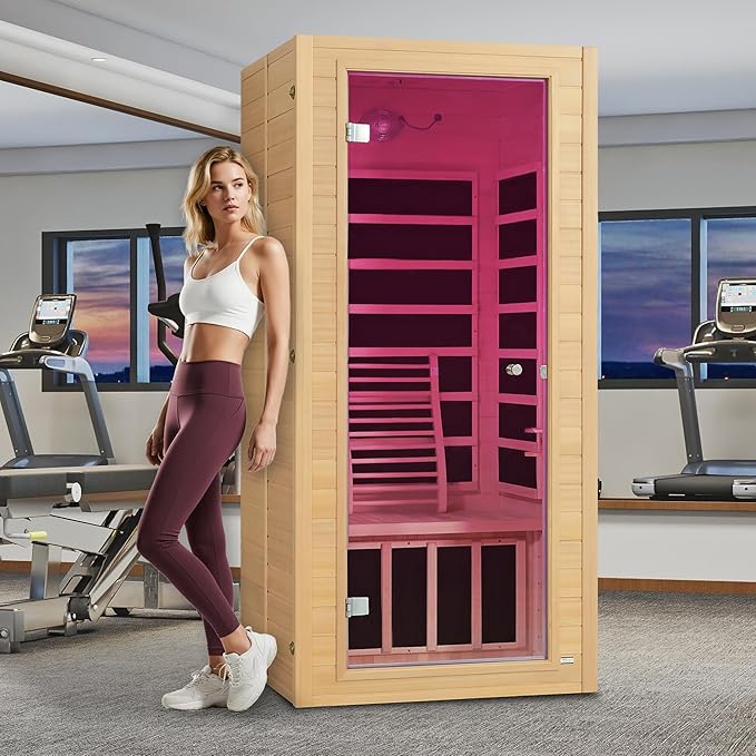 Real Relax Infrared Home Sauna, 1 Person Canadian Hemlock Wood Indoor Dry Saunas with Red Low Emf Light Therapy, Bluetooth Speakers, 9-Color Chromotherapy Lights, 110v for Personal Spa