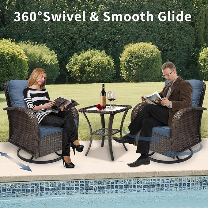 3 Pieces Patio Furniture Set, Outdoor Swivel Rocking Chair Set of 2 with Side Table - 360° Swivel, Thick Cushions, All-Weather Bistro Set for Deck, Porch, Pool(Navy, Brown Full-Weave Rattan)