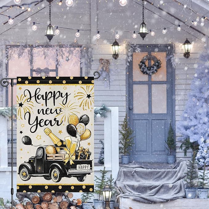 Heyfibro Happy New Year Truck Garden Flag 12x18 Inch Double Sided Black Gold Champagne Balloon Garden Flag Decorative Firework Yard Flags for Outside House Farmhouse Holiday Outdoor Decoration