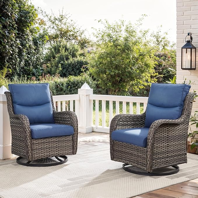 Patio Swivel Chair Set of 2, Resin Wicker Swivel Patio Glider Chairs with Smile-Shaped Cushions, High Back Luxury Swivel Patio Glider Chairs for Outdoor, Brown Wicker|Blue Cushions