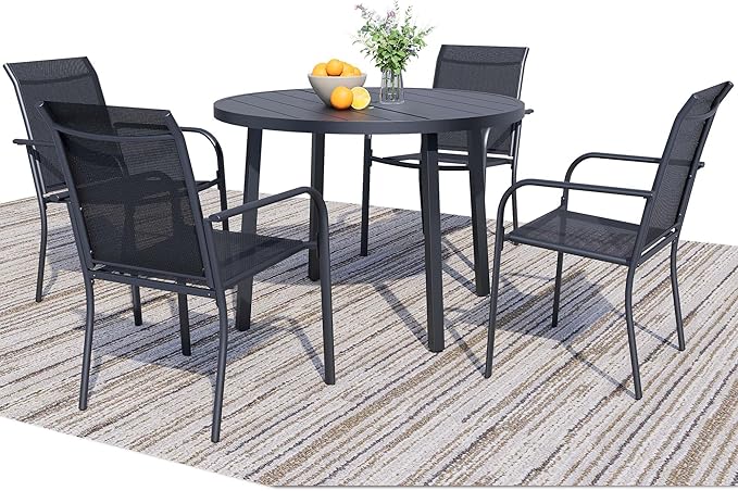 5 Pieces Round Dining Table Set for 4, Patio Dining Set Includes 4 Black Stackable Patio Chairs and 1 Black Round Table, Patio Furniture Sets with Sling Support for Outside, Garden