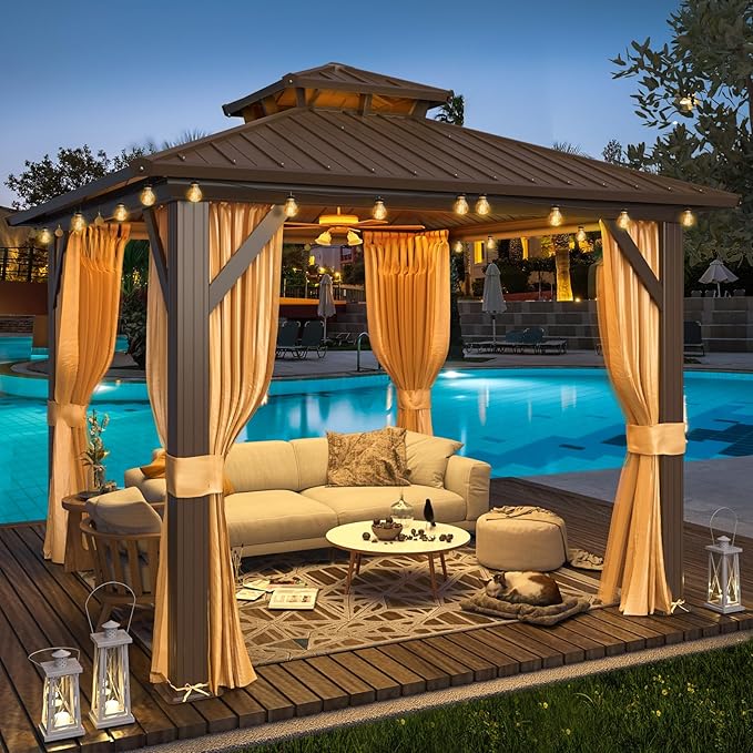YOLENY 10' x 10' Gazebo Hardtop with Aluminum Frame,Galvanized Steel Double Roof Gazebos with Curtain and Netting,Outdoor Metal Pergolas for Garden, Lawn, Deck, Brown