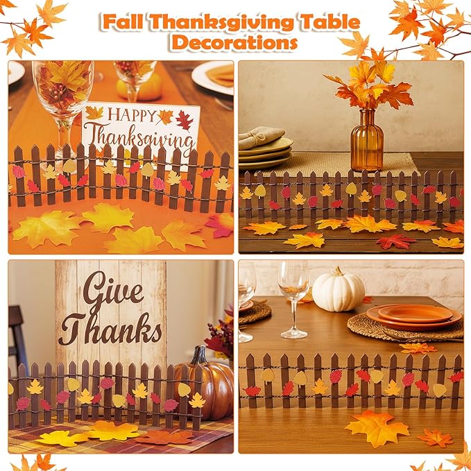 Thyle Thanksgiving DIY Mini Fairy Garden Fence Fall Wood Picket Crafts with 35 Inches Wood Picket Fence 100 Wooden Leaves and Glue for Autumn Centerpieces Thanksgiving Activity(Brown)