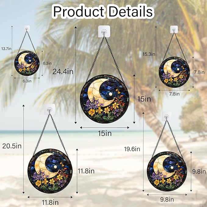 Stained Glass Window Hanging - Blue Night Sky Moon Suncatcher for Door Terrace Garden Home Decor Wildflowers Sun Catcher Birthday Gifts for Lovers Women Men Dad Mom Nana 6.3 in