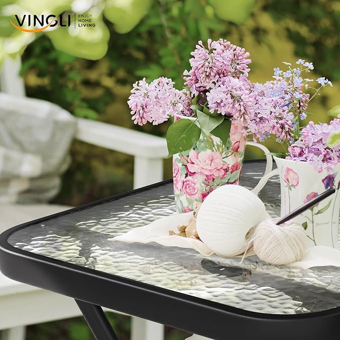 VINGLI Folding Glass Outdoor Side Table, 18 Inches Small Foldable Patio Bistro Table with Tempered Glass Table Top for Lawn & Garden, Balcony, Porch and Pool, Rectangular