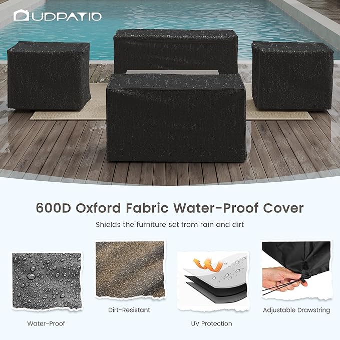 UDPATIO 5 Piece Faux Wood Aluminum Patio Furniture Set 6 Seats Modern Outdoor Furniture Patio Conversation Sets with Coffee Table for Balcony, Backyard, 600D Waterproof Cover Included, Light Grey