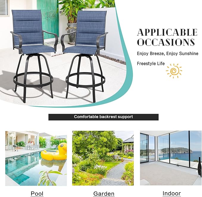 Vongrasig 6 Piece Outdoor Patio Swivel Bar Chairs, All Weather Padded Sling Textile High Top Bar Stools, Bistro Set for Backyard, Lawn Garden, Balcony, Padded Blue