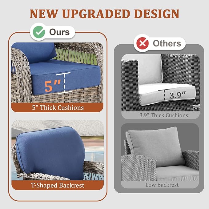 10 Pieces Patio Furniture Set Outdoor Sectional Sofa Couch with Rocking Swivel Chairs 5" Deep Seat Chairs, Modern Wicker Rattan Conversation Set, Blue/Gray Wicker