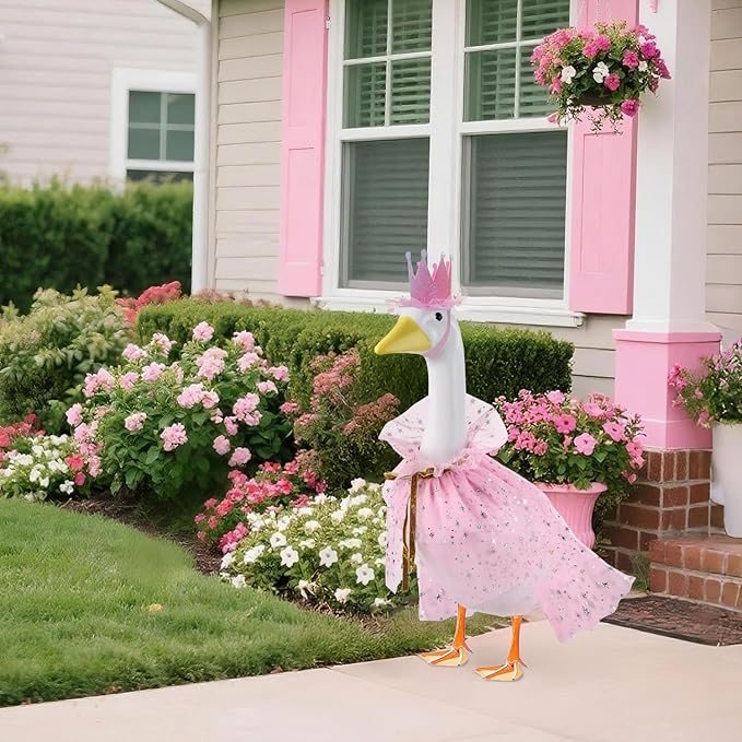Birthday Porch Goose Outfits for 23" 17" Cement Plastic Lawn Goose Happy Birthday Hat and Cape for Outdoor Yard Garden Art Decor (Pink)