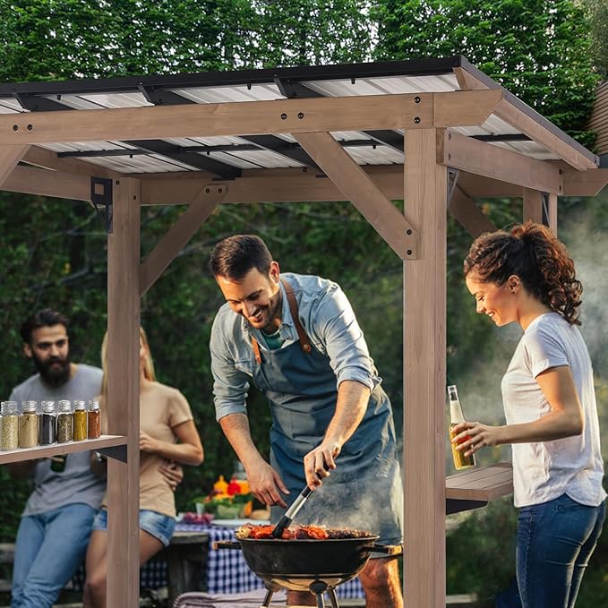 8x6 FT Wood Grill Gazebos, BBQ Wooden Gazebo with Hardtop Sloping Steel Roof, Wood Outdoor Pavilion with 2 Side Storage Shelves,Cedar Frame Patio Gazebo for Barbecue, Garden, Deck (Grey)
