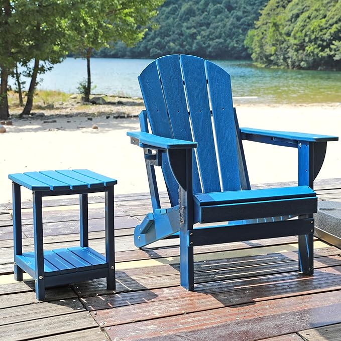 Folding Adirondack Chair, HDPE Outdoor Texture Lawn Chair with Reclining Back, Cup and Phone Holder - Comfortable Firepit Chair Weather Resistant for Patio or Backyard (Blue, Set of 1)