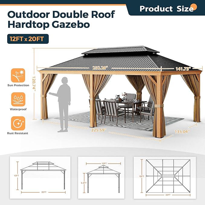 HAPPATIO 12' x 20' Hardtop Gazebo, Outdoor Wood Grain Aluminum with Galvanized Steel, Patio Double Roof Permanent Metal Gazebo Canopy with Netting and Curtains for Backyard, Patio, Deck (Brown)