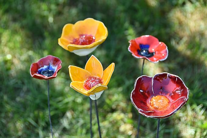 Ceramic Garden Decor - Flower Lawn stake - Outdoor statue - Perfect, unique gifts for gardeners woman, men, yard gifts - Handmade, Frostproof