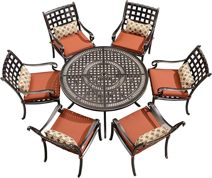 PURPLE LEAF 7 Pieces Outdoor Dining Set Cast Aluminum with 6 Armchairs and 47" Round Table, Cushion and Pillow Included, for Lawn Yard Garden Patio Dining Sets, Brick Red