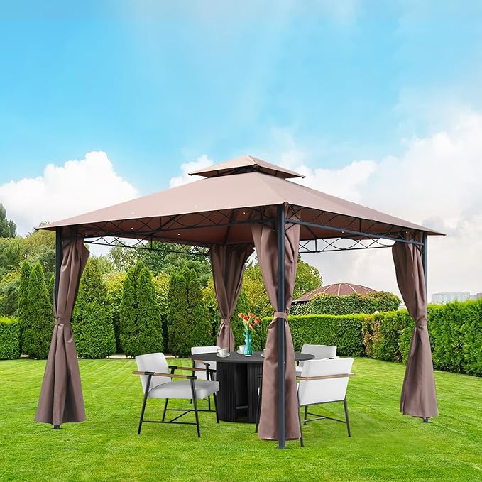 10'x10' Outdoor Patio Canopy Rain-Proof Pop Up Gazebo UV-Resistant Canopy Tent with Double Roof Tops Curtain for Backyard, Patio and Garden, Brown