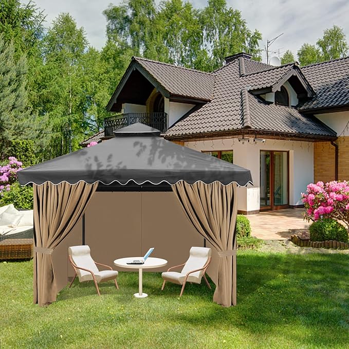 Gazebo Universal Replacement Privacy Curtain, 10'X12' Gazebo Outdoor Waterproof, 4-Panels Sidewall Curtains with Zipper for Patio, Garden and Backyard (Only Curtains, 10'X12', Brown)