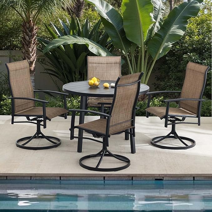Patio Swivel Chairs Set of 4, Outdoor Swivel Chairs with Armrest, High Back Patio Chair with Metal Frame, All-Weather Outdoor Dining Chair for Deck, Porch and Lawn, Mocha
