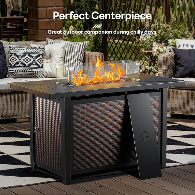 7 Pieces Patio Furniture Set with Fire Pit Table, Wicker Rattan Outdoor Furniture Set with Swivel Rocker Chairs for Yard, Deck, Garden, Yellow/Beige