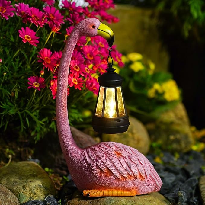 Flamingo Statues for Garden Decor: Outdoor Figurines Sculpture with Lantern for Lawn Patio Yard Balcony - Gifts for Mom Grandma