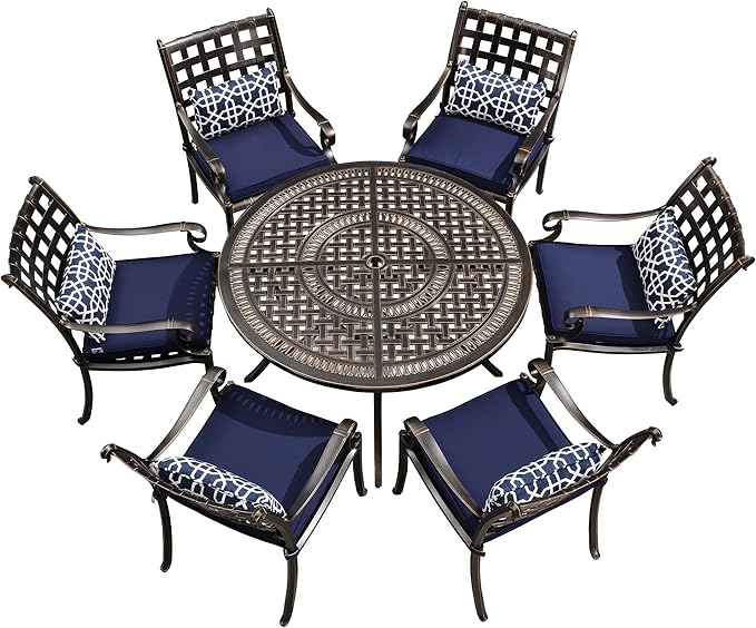 PURPLE LEAF 7 Pieces Patio Dining Set Cast Aluminum Patio Furniture with 6 Armchairs and 47" Round Table, Cushion and Pillow Included, for Lawn Yard Garden Outdoor Dining Set, Navy Blue