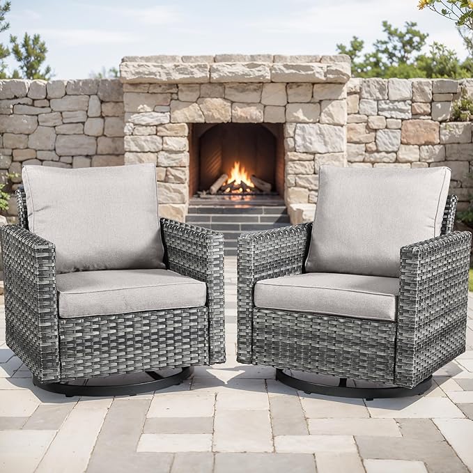 Outdoor Patio Swivel Rocker Chairs - Single Wicker Patio Swivel Rocking Chair with Waterproof Wicker,Comfortable Cushions and Sturdy Metal Frame for Outside Porch Deck Backyard(Mixed Grey/Beige/1PC)