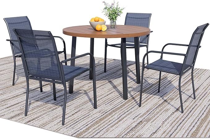 5 Pieces Round Dining Table Set for 4, Patio Dining Set Includes 4 Dark Blue Stackable Patio Chairs and 1 Walnut Round Table, Patio Furniture Sets with Sling Support for Outside, Garden