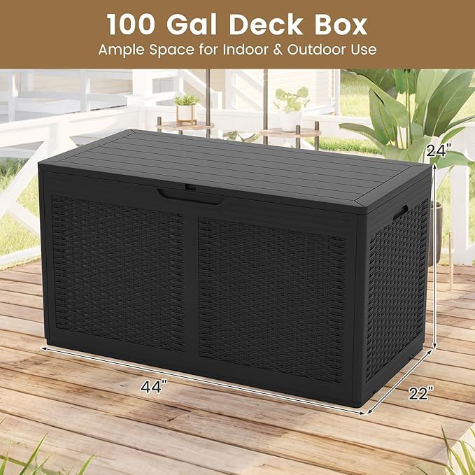 HAPPYGRILL 100 Gallon Resin Deck Box Outdoor Waterproof Storage with Lockable Lid, Rattan Texture Storage Container with Wheels for Pool Accessories, Garden Tool, Patio Furniture Cushion (Black)