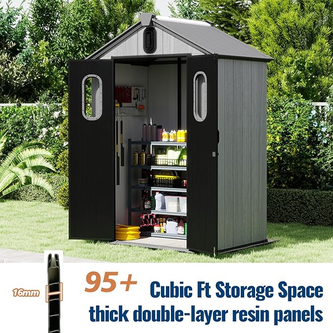 Domi 5×3ft Outdoor Resin Storage Shed - 95+ Cubic Ft Weatherproof Double-Wall Yard Shed with Skylight, Lockable Door and Carpet, Heavy-Duty Steel Frame Storage Building for Lawn Mower, Bike, Tools