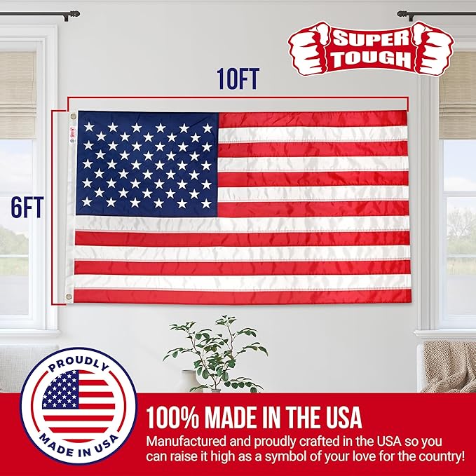Super Tough 6Ft x 10Ft American Flag - Double Sided, Heavy Duty Nylon USA Flag with Embroidered Stars and Sewn Stripes Suitable for Low Winds - Red/White/Blue