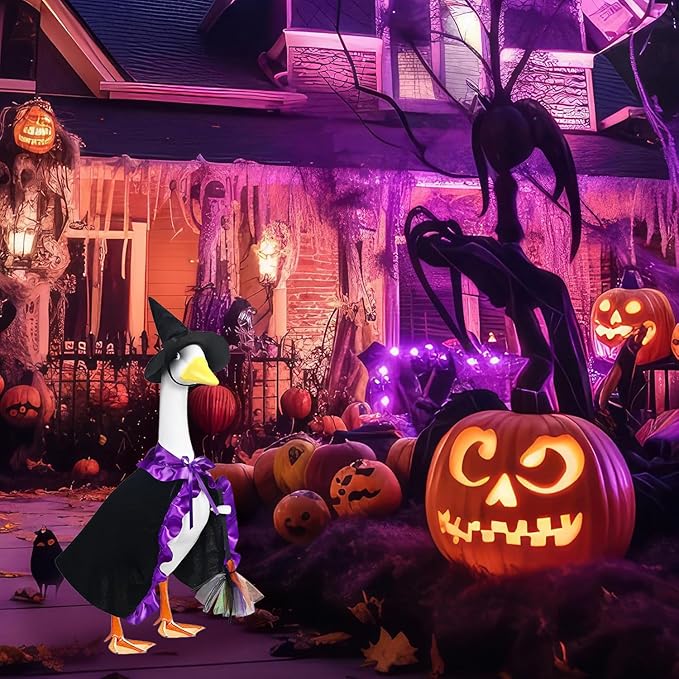 Halloween Porch Goose Witch Outfits Set for 23” Cement Lawn Goose Statue Clothes Broom Cape Costume for Patio Lawn Garden Art Decor