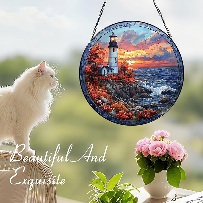 Coastal Lighthouse in Autumn Suncatcher -7.9 in Stained Glass Window Hanging Sun Catcher Garden Decor