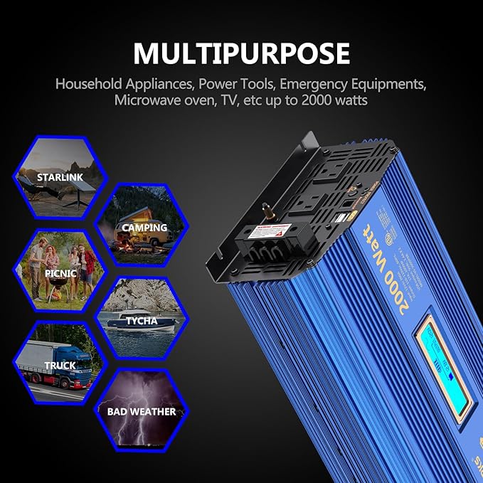 2000Watt Pure Sine Wave Power Inverter 12V DC to 110V 120V AC ETL UL458 Compatible with Lithium Battery Starlink for Off-Grid Solar RV Home Truck with 2.4A USB Ports & 1AC Terminal Block by VOLTWORKS