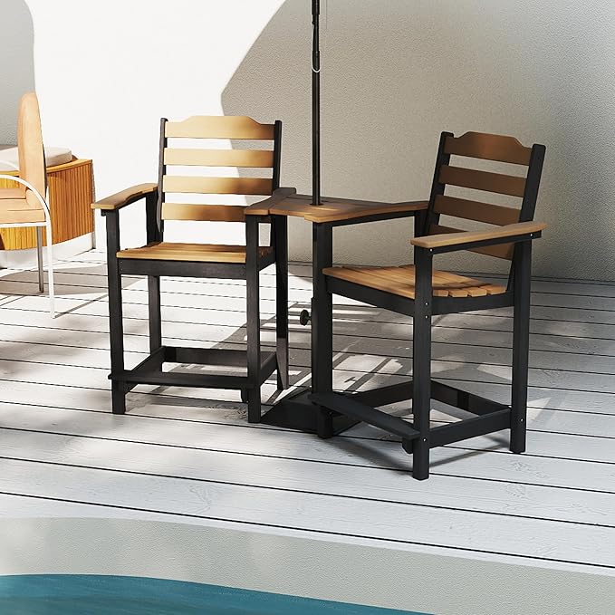 OTSUN Tall Adirondack Chairs Set of 2 with Connecting Tray, 24 inches HDPE Bar Height Outdoor Chairs, All Weather Resistant for Balcony, Porch, Kitchen (2 PCS, Black&Brown)