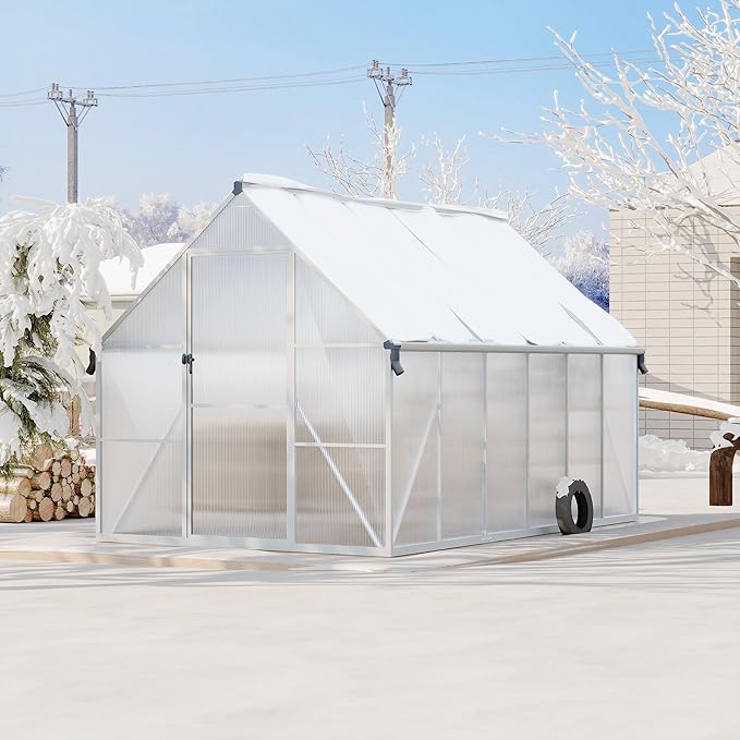 8X12 ft Polycarbonate Greenhouse with Aluminum Frame, Polycarbonate Greenhouse for Outdoors, Greenhouses with Ventilation and Rain Gutter, Aluminum Large Walk-in Greenhouses for Outside