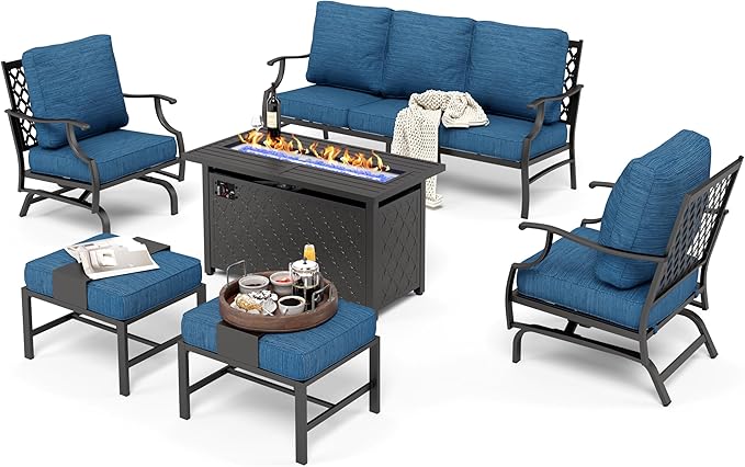 HERA'S HOUSE 6 Pieces Patio Furniture Set with Fire Pit Table, 2 x Rocking Chair, 2 x Ottoman, 3-Seat Sofa with 45" Fire Pit Table, Outdoor Conversation Set for Garden Poolside Backyard, Pacific Blue