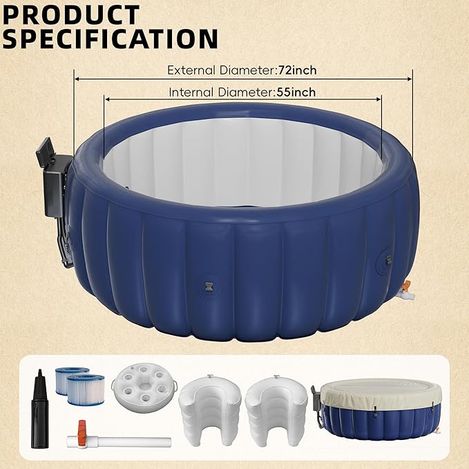 2-4 Person Inflatable Hot Tub - 73"x28" Round Portable Outdoor Spa with 146 Bubbling Jets & Smart Control,2 Contoured Headrest,Cup Holder and Cover, Blue