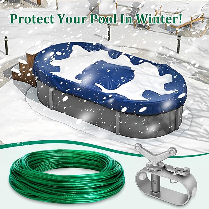 Belleone Swimming Pool Cover Cable and Winch Kit - 150ft Plastic-Coated Steel Pool Cover Wire & Aluminum Spring Loaded Pool Cover Ratchet for Above Ground Swimming Pool Winter Safe (Green)