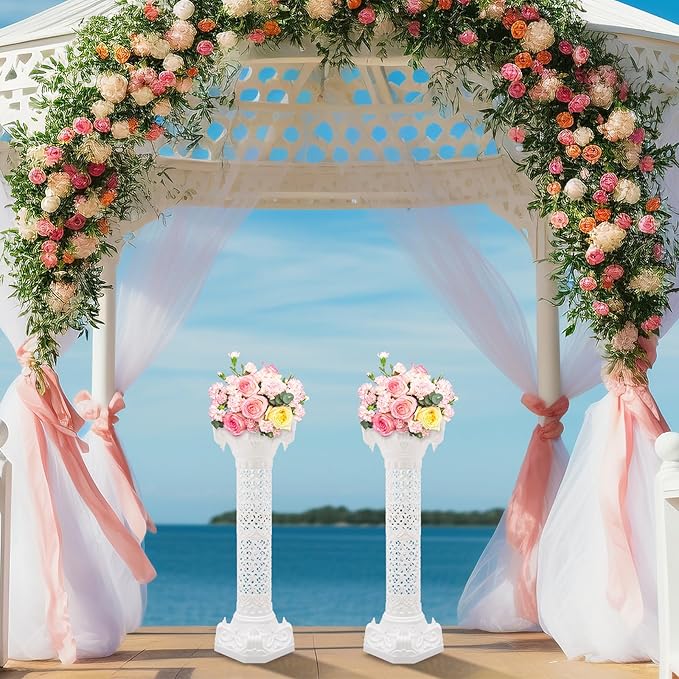Roman Column Pedestal, Plastic White Columns for Weddings Indoor/Outdoor Roman Pillar Stand for Table Sculptures, Vase, Garden Decor (2PCS, 10.6 x 34.6 Inch Fretwork)