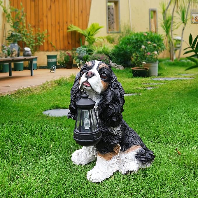 Cavalier King Charles Spaniel Outdoor Dog Statue with Reversible “Welcome/ON Patrol” Hanging Plaque and Solar Porch Lantern, Black & White Sitting