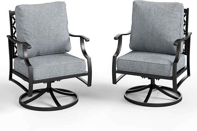 Swivel Patio Chairs Set of 2, High Back Outdoor Swivel Patio Metal Chairs with 5.75" Thick Cushions for Bistro Balcony Porch Deck and Yard, Grey