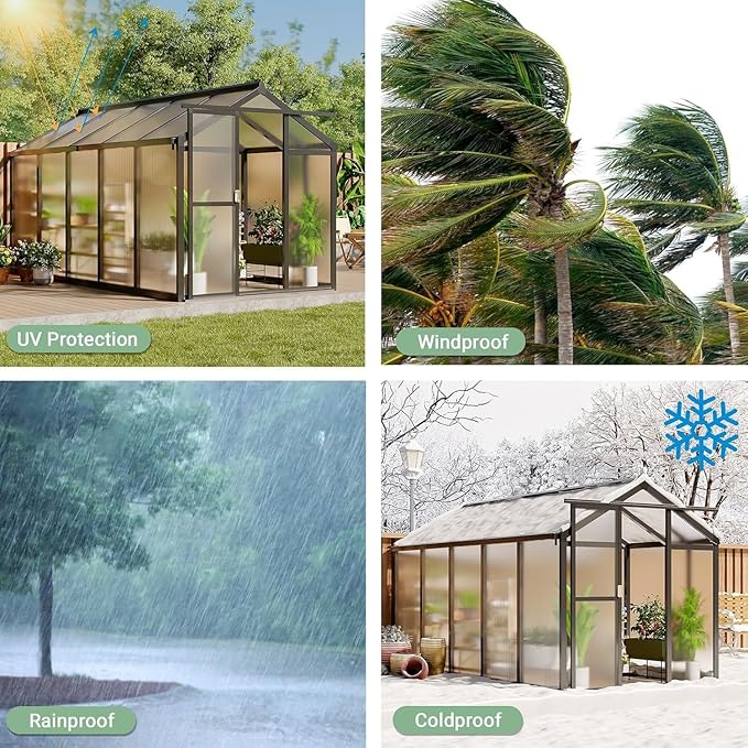 Greenhouse, 6x10 Ft Outdoor Greenhouses, Accessible Green House with Roof Vents and Sliding Doors, Aluminum Frame Polycarbonate Greenhouses, Large Greenhouse for Outdoor Gardens and Backyards, Black