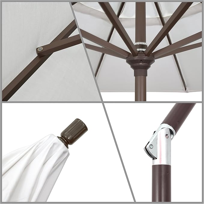 California Umbrella 9' Round Aluminum Market Umbrella, Crank Lift, Push Button Tilt, Black Pole, Sunbrella Teak