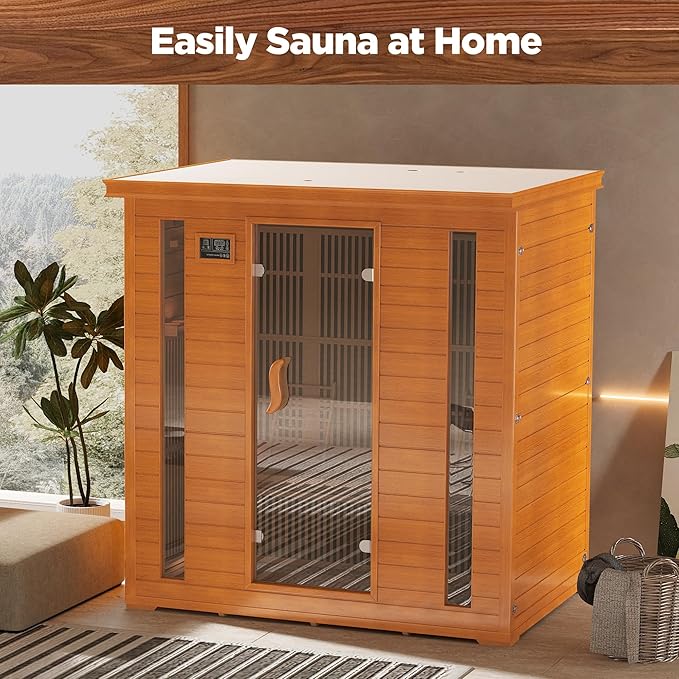 4 Person Far Infrared Sauna Indoor, Low EMF Wooden Sauna at Home with Bluetooth, Therapy Light, LCD Panel