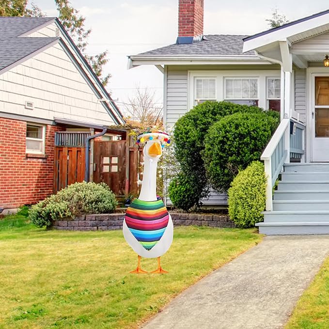 XIMEO Porch Goose Outfit for 17" & 23" Lawn Goose β Striped Poncho & Hat Clothes Set β Outdoor Porch Goose Decoration for Duck or Garden Statues