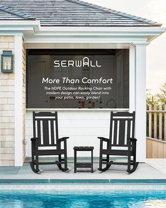 SERWALL Outdoor Rocking Chair Set of 6, Patio Rocking Chair Sets, HDPE Rocking Chair for Adults, Black