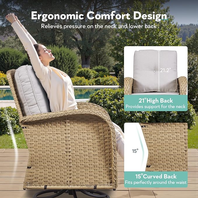 Outdoor Swivel Glider Rocker Chairs Set of 4 - Wicker Patio Furniture Set All Weather Patio Conversatio Sets with 2 Tempered Glass Side Table for Deck Backyard - Yellow Wicker Beige Cushion