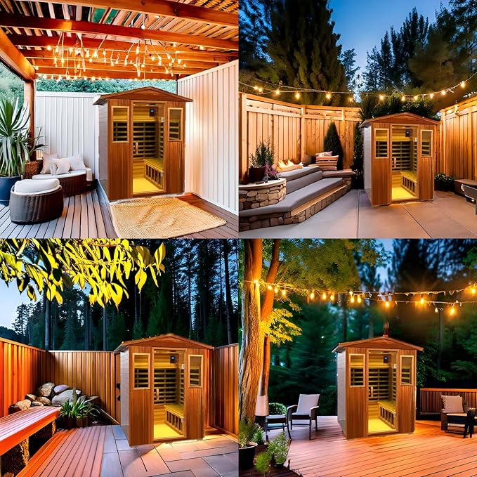 Outdoor Sauna 4 Person Low EMF Far Infrared Sauna for Home, 2050W Mahogany Wooden Sauna Room for Outdoor Indoor Home, with Blue-Tooth, LCD, LED
