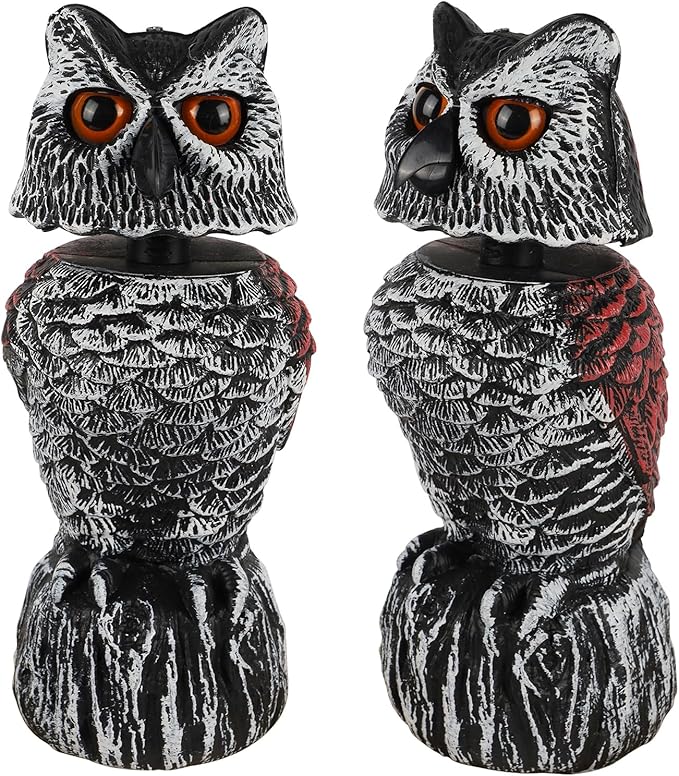 Hausse 2 Pack Fake Owl Decoy to Scare Birds Away, 11.2 inch Wagging Head Plastic Owl Scarecrow Bird Deterrents, Owls Statue Nature Enemy Horned Pest Repellent for Outdoor Garden Yard